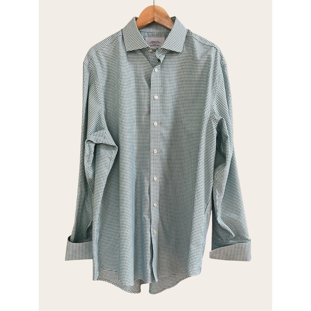Charles Tyrwhitt Dress Shirt Green Gingham Check Non-Iron Long Sleeve Cotton